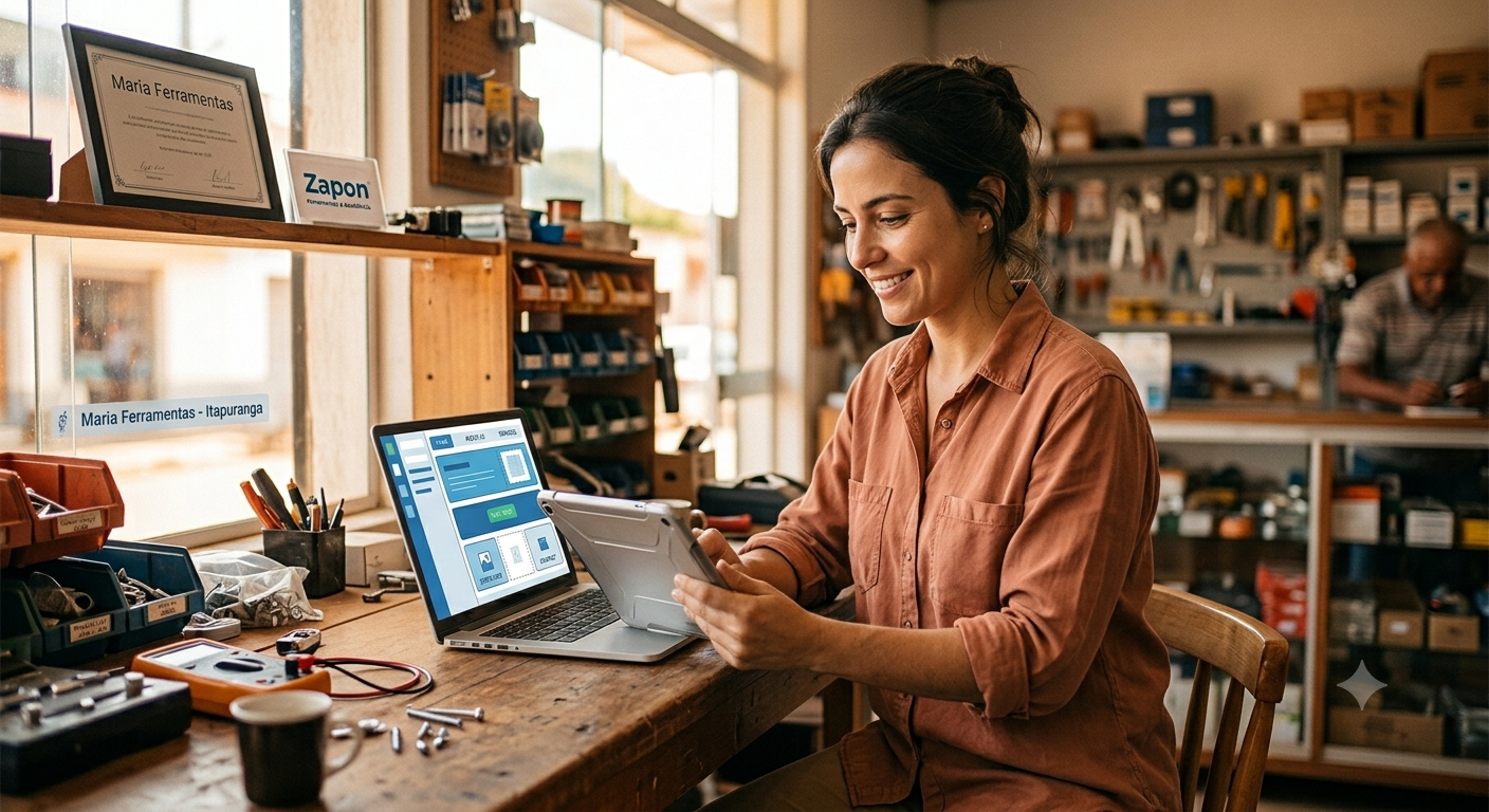 Comerciante usando site no notebook